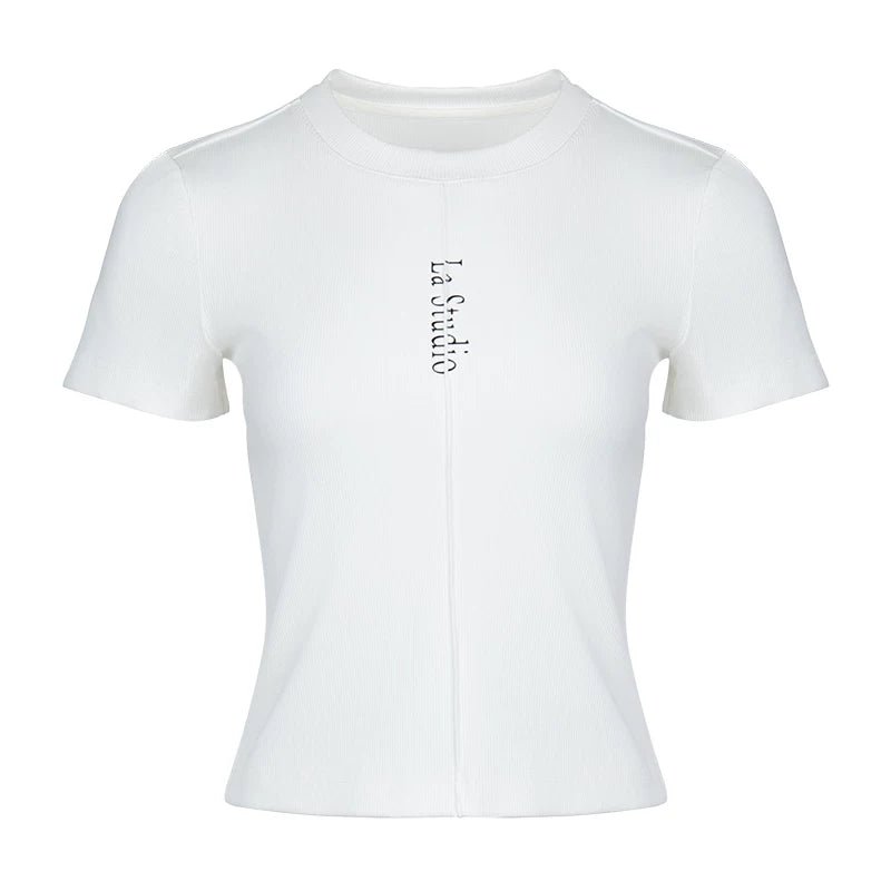 Lapargay Fitted Short T-Shirt Set-in Shoulder Round Neck Design Letter Print Accent L78200217C - Lapargay