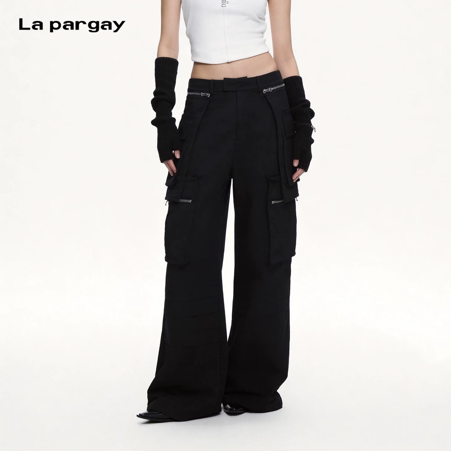 Lapargay functional cargo wide-leg casual pants double zipper multiple pockets drapey and leg-lengthening L69302653S - Lapargay