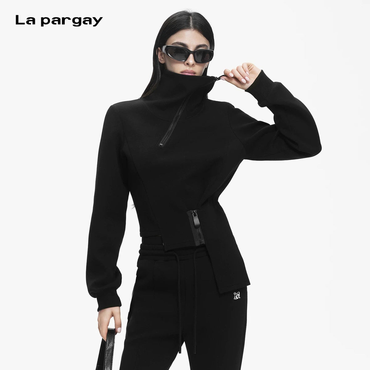 Lapargay Functional High Collar Short Jacket, Multi-Zipper Decor, Asymmetric Hem Design L78101982V - Lapargay