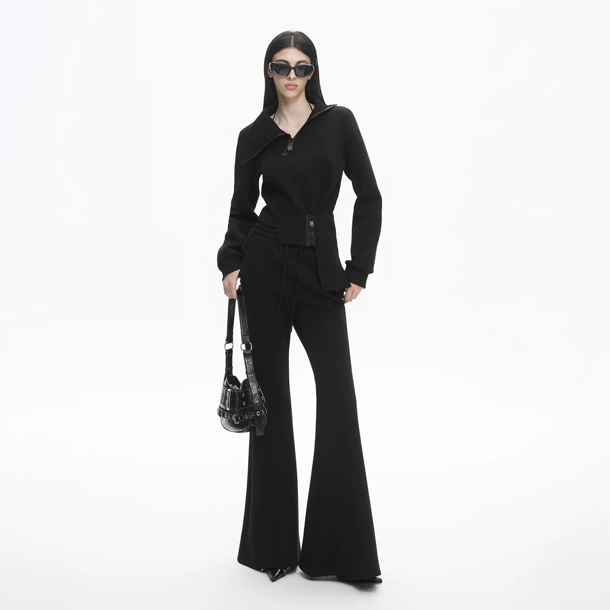 Lapargay Functional High Collar Short Jacket, Multi-Zipper Decor, Asymmetric Hem Design L78101982V - Lapargay