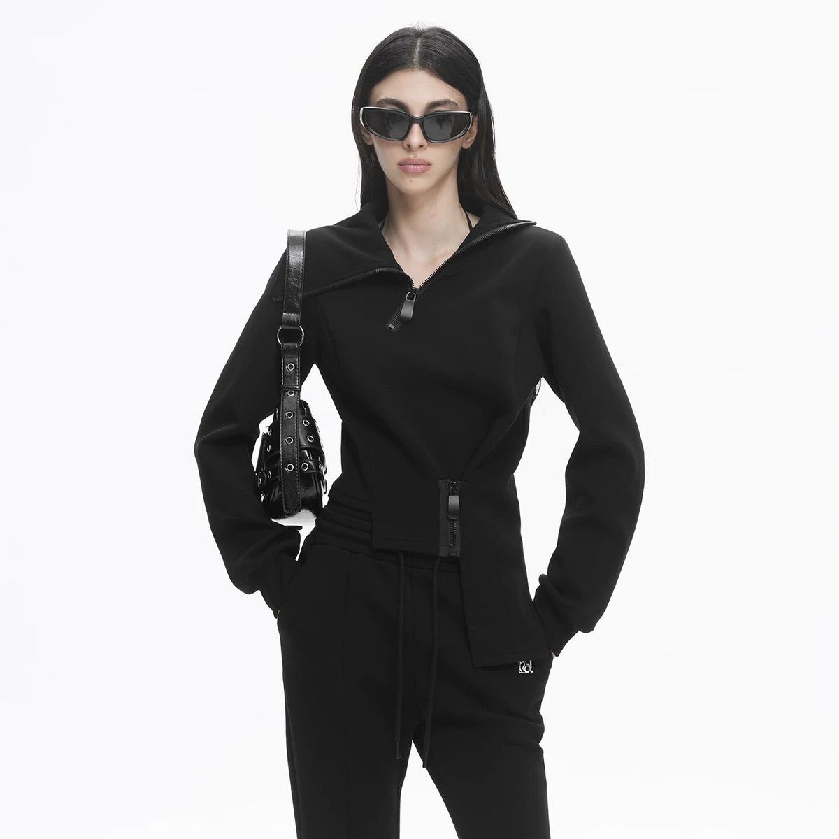 Lapargay Functional High Collar Short Jacket, Multi-Zipper Decor, Asymmetric Hem Design L78101982V - Lapargay