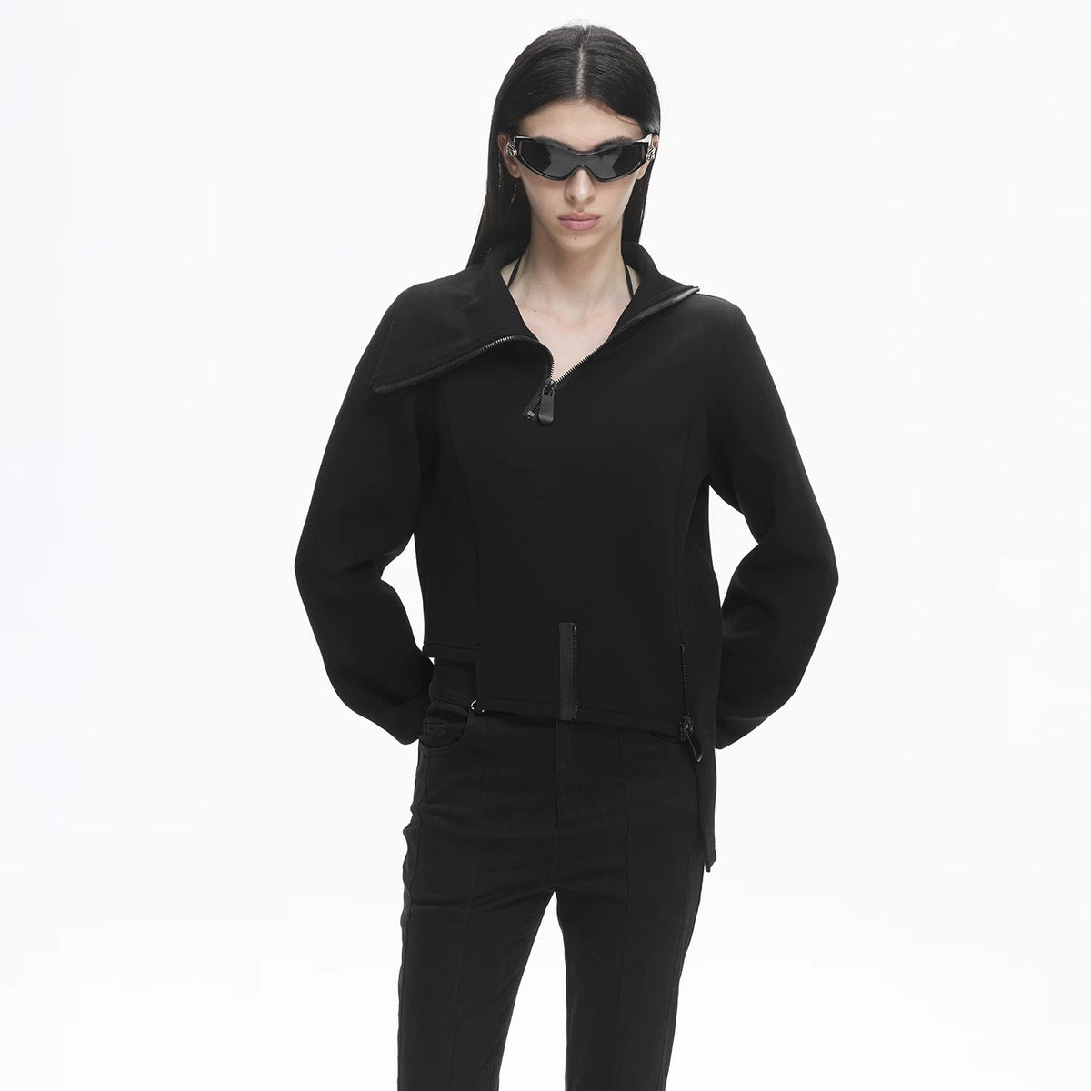Lapargay Functional High Collar Short Jacket, Multi-Zipper Decor, Asymmetric Hem Design L78101982V - Lapargay