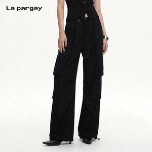 Lapargay functional wide-leg casual pants double side pockets elastic drawstring waist L75102601S - Lapargay