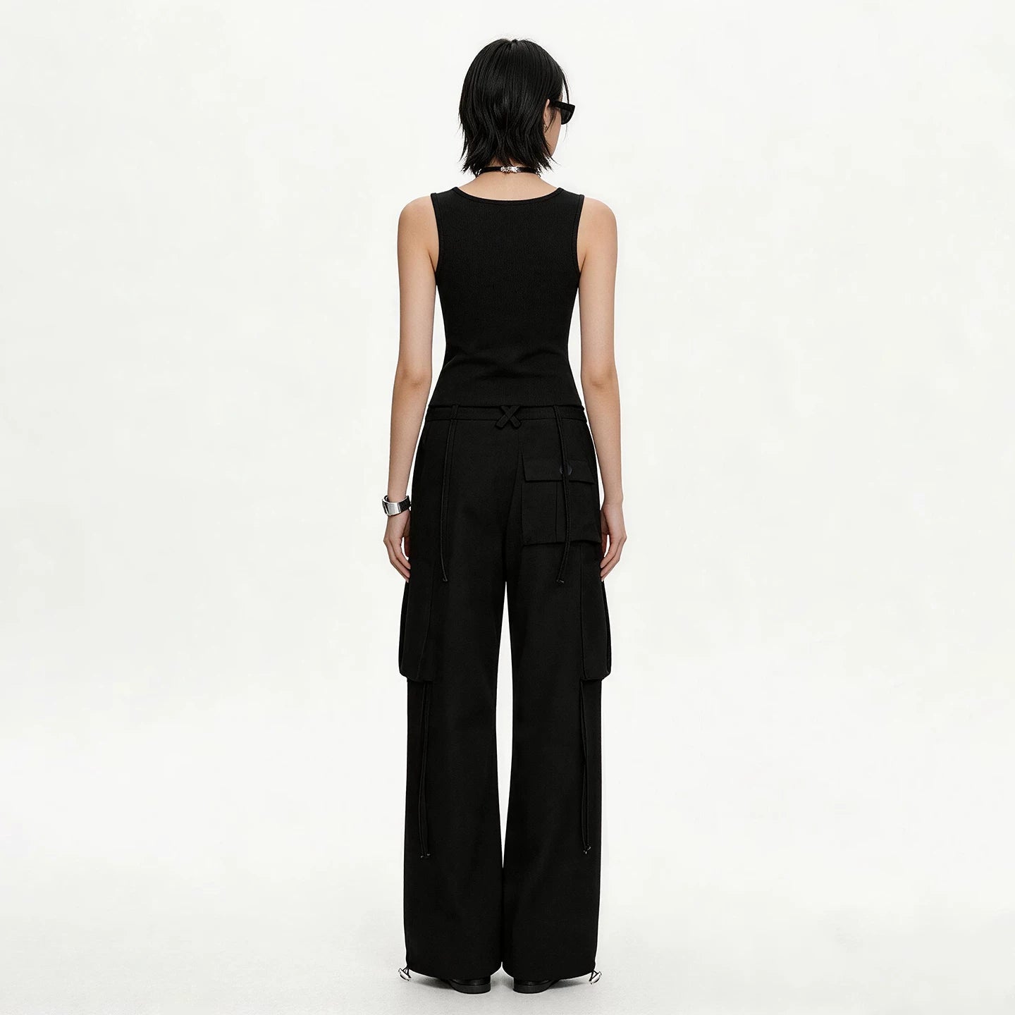 Lapargay functional wide-leg casual pants double side pockets elastic drawstring waist L75102601S - Lapargay