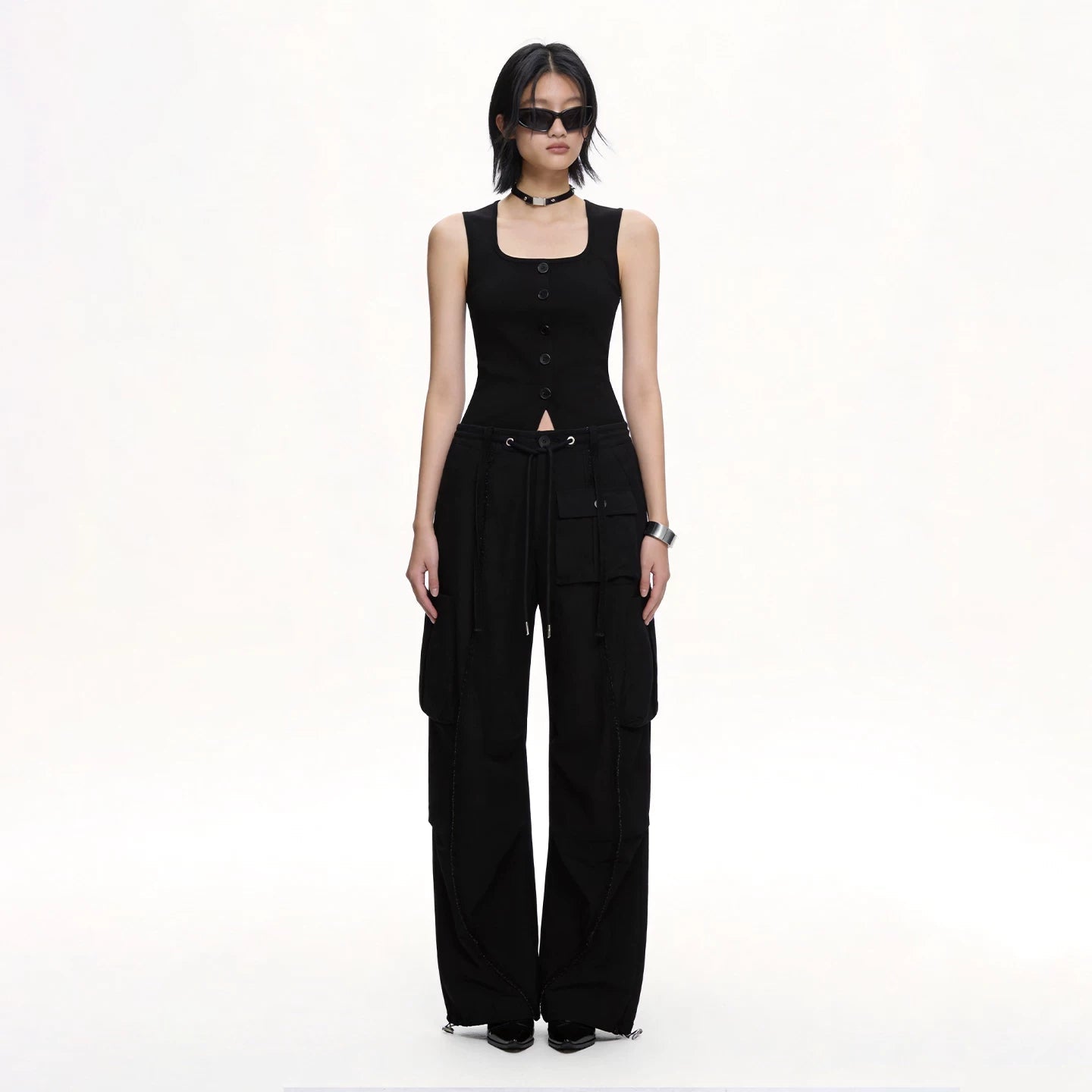 Lapargay functional wide-leg casual pants double side pockets elastic drawstring waist L75102601S - Lapargay