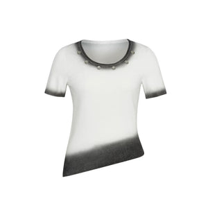 Lapargay Gradient Knit T-Shirt Low Round Neck Metal Button Irregular Asymmetric Hem L78108203C - Lapargay