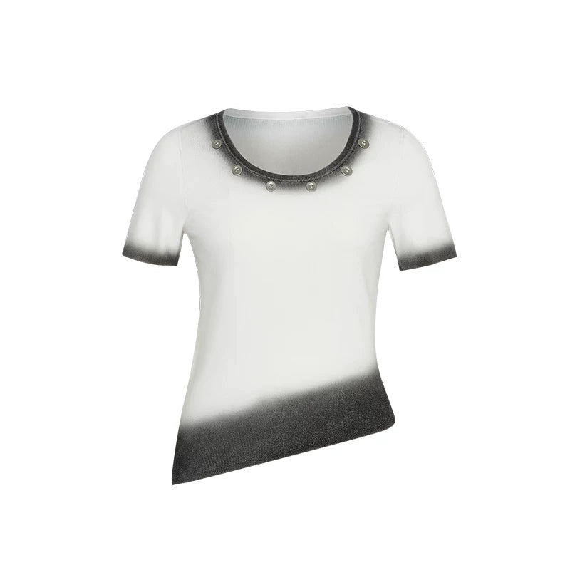 Lapargay Gradient Knit T-Shirt Low Round Neck Metal Button Irregular Asymmetric Hem L78108203C - Lapargay