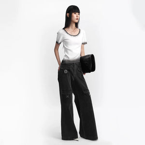 Lapargay Gradient Knit T-Shirt Low Round Neck Metal Button Irregular Asymmetric Hem L78108203C - Lapargay