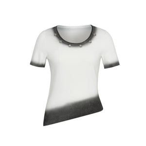 Lapargay Gradient Knit T-Shirt Low Round Neck Metal Button Irregular Asymmetric Hem L78108203C - Lapargay