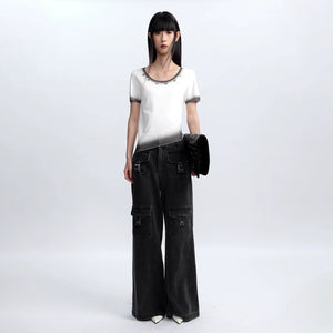 Lapargay Gradient Knit T-Shirt Low Round Neck Metal Button Irregular Asymmetric Hem L78108203C - Lapargay