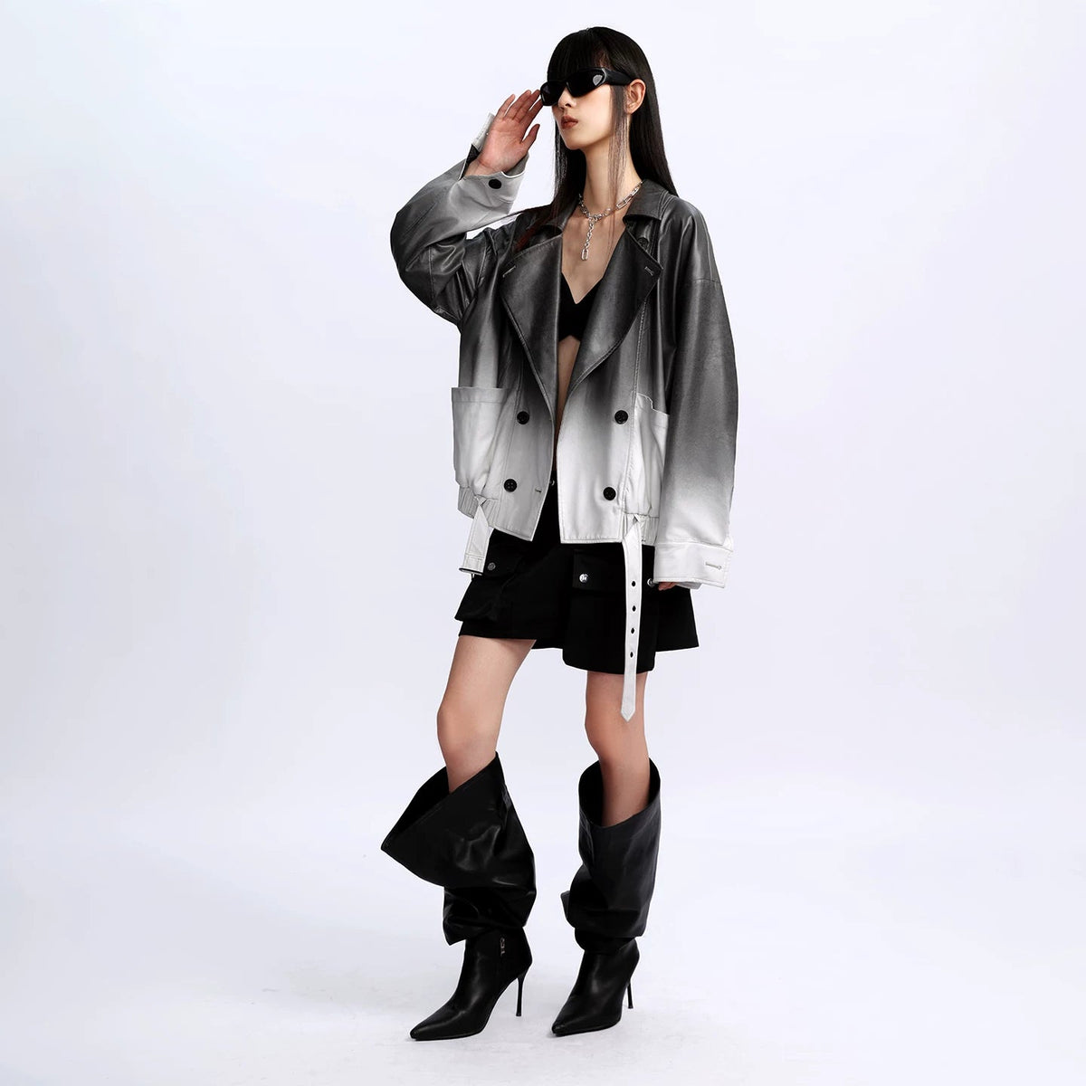 Lapargay Gradient PU Jacket Loose Fit Large Pocket Design L78101309V - Lapargay