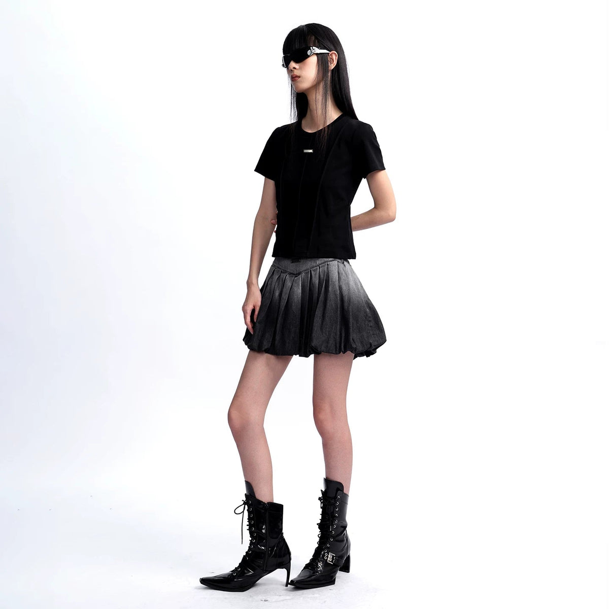 Lapargay Gradient Washed Bud Skirt with Three-Dimensional Pleats, High-Waist Cropped Skirt for Height Boost L78109208V - Lapargay