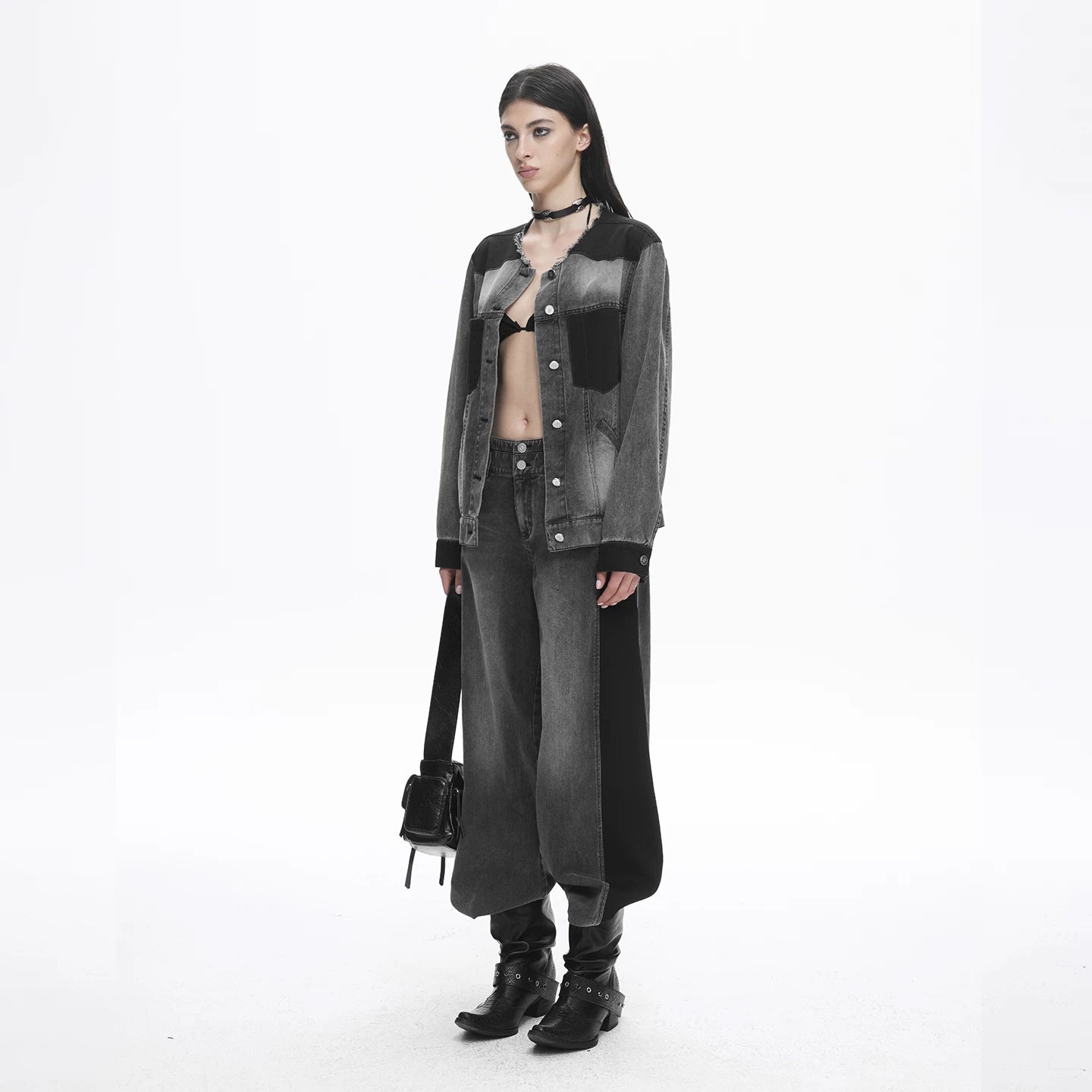Lapargay Gradient Washed Short Jacket with Contrast Panels, Frayed Round Neck Denim Jacket L78101231V - Lapargay