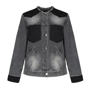 Lapargay Gradient Washed Short Jacket with Contrast Panels, Frayed Round Neck Denim Jacket L78101231V - Lapargay
