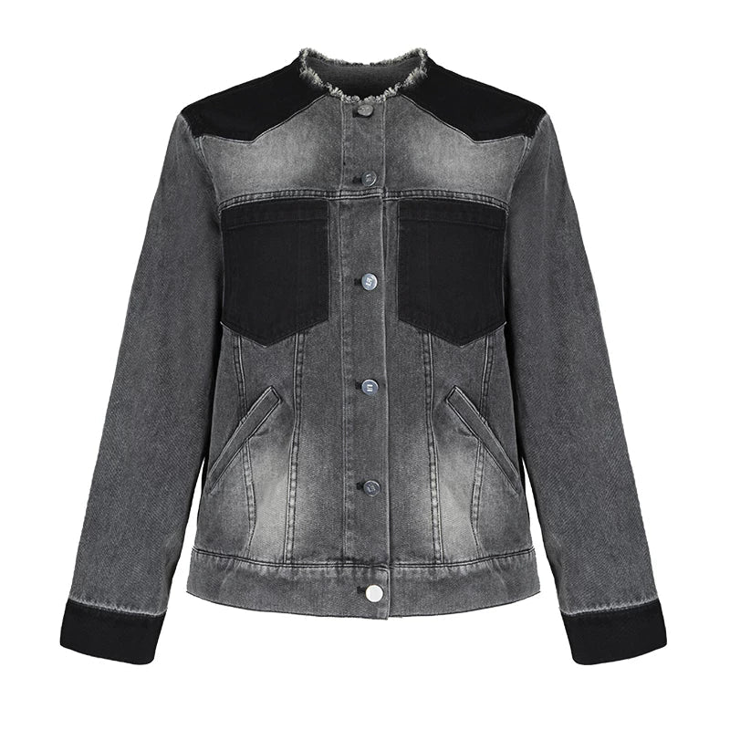 Lapargay Gradient Washed Short Jacket with Contrast Panels, Frayed Round Neck Denim Jacket L78101231V - Lapargay