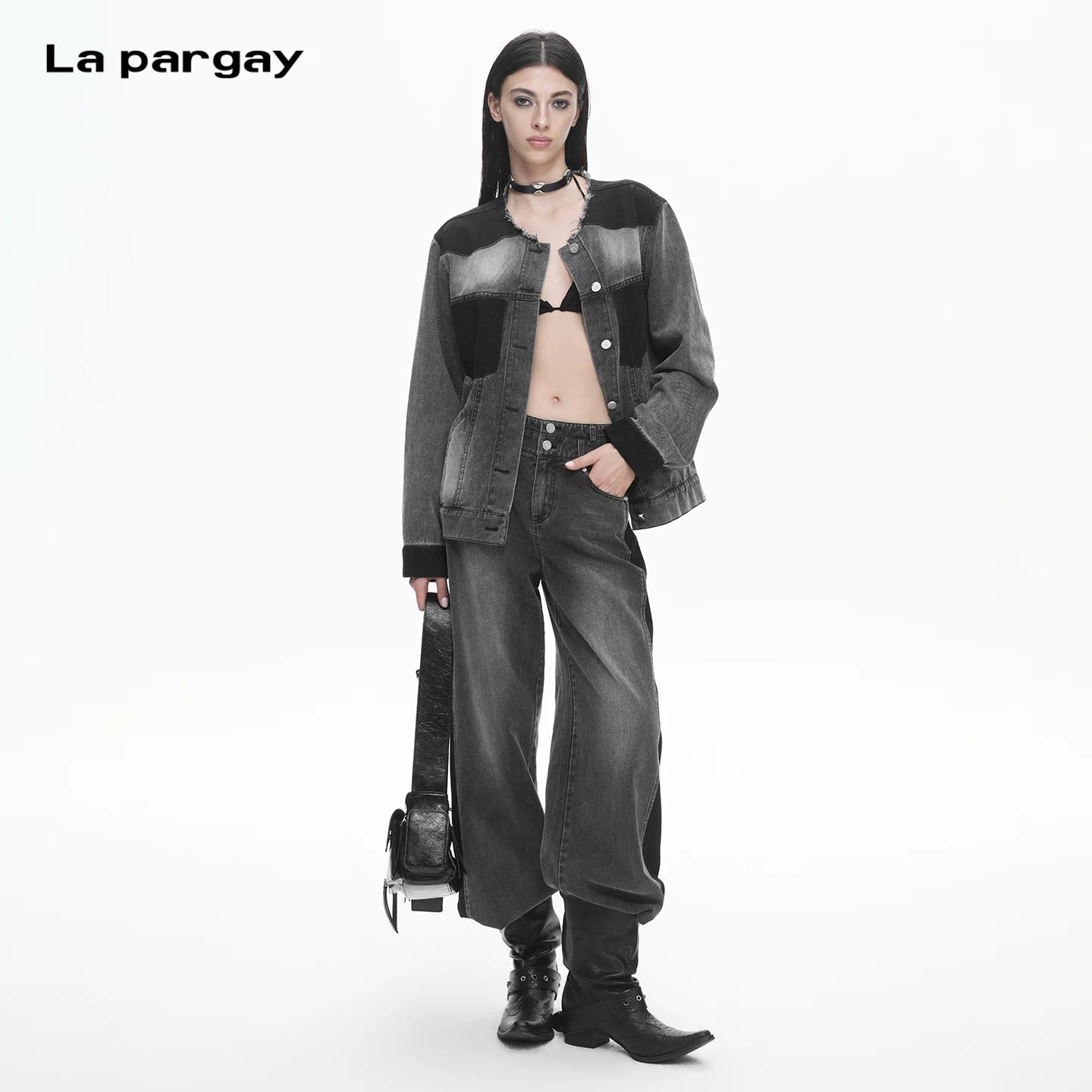 Lapargay Gradient Washed Short Jacket with Contrast Panels, Frayed Round Neck Denim Jacket L78101231V - Lapargay