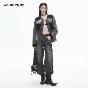 Lapargay Gradient Washed Short Jacket with Contrast Panels, Frayed Round Neck Denim Jacket L78101231V - Lapargay