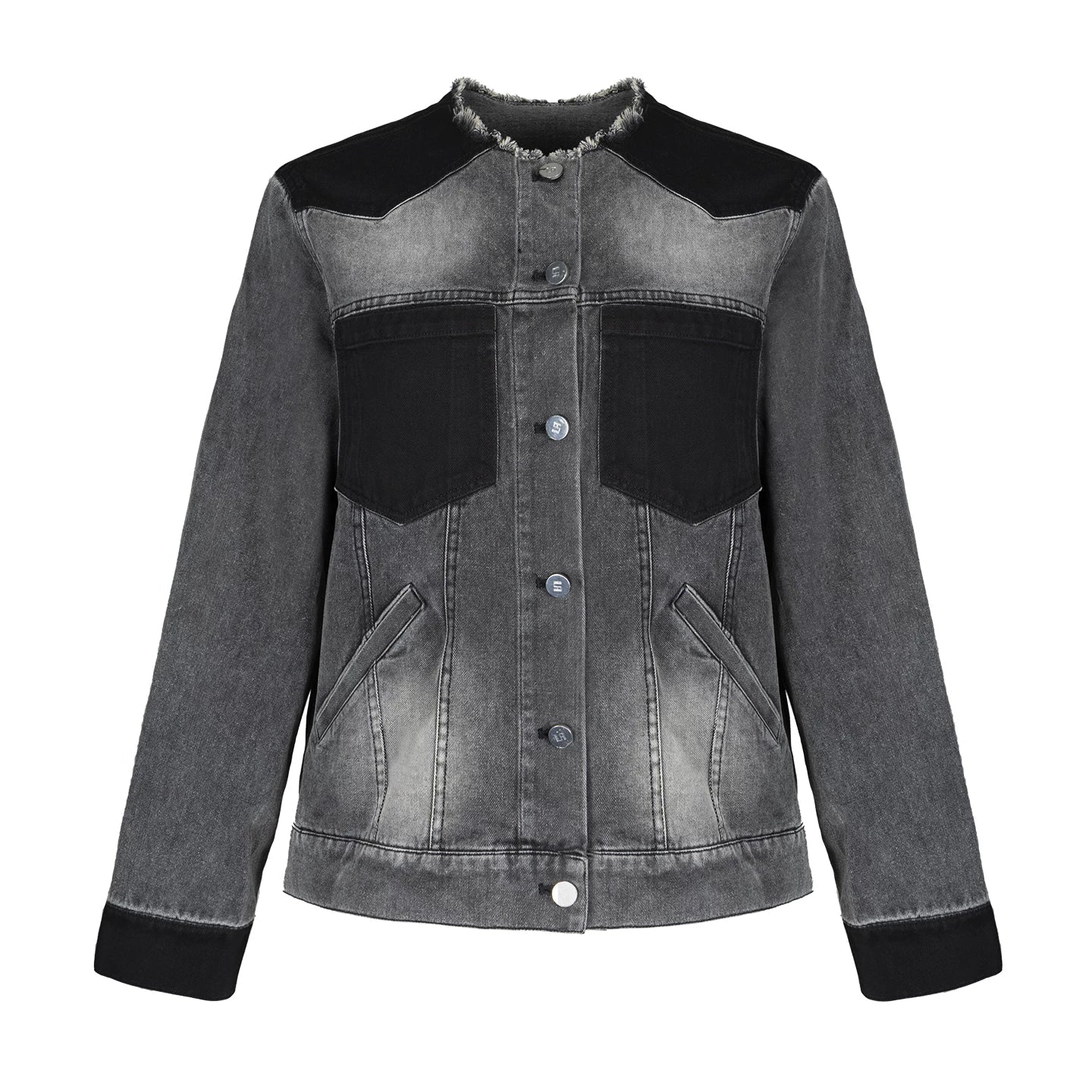 Lapargay Gradient Washed Short Jacket with Contrast Panels, Frayed Round Neck Denim Jacket L78101231V - Lapargay