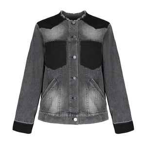 Lapargay Gradient Washed Short Jacket with Contrast Panels, Frayed Round Neck Denim Jacket L78101231V - Lapargay