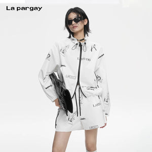 Lapargay Graffiti Full Print Drawstring Stand Collar Loose Short Style Double Pocket Coat L78201202V - Lapargay