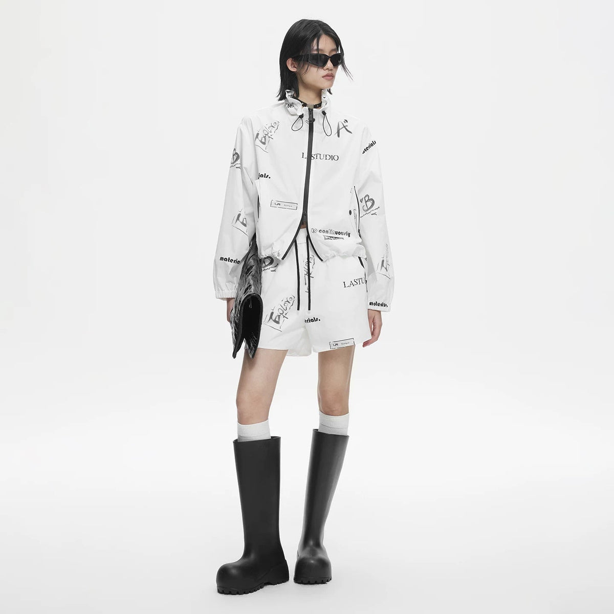 Lapargay Graffiti Full Print Drawstring Stand Collar Loose Short Style Double Pocket Coat L78201202V - Lapargay