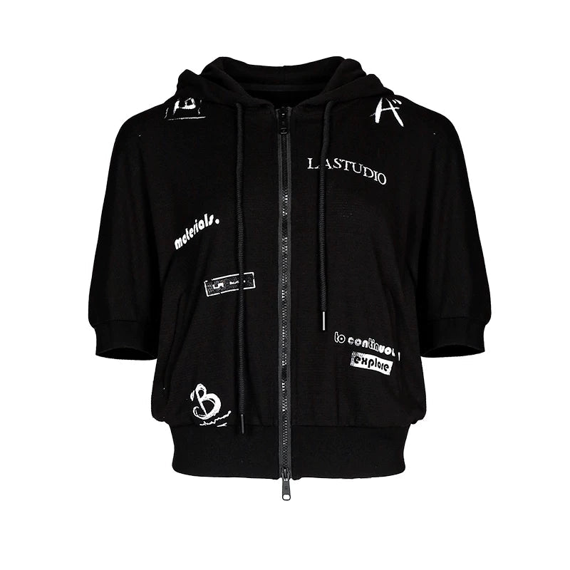 Lapargay Graffiti print hooded short jacket Ribbed hem Neat and clean L78201209S - Lapargay