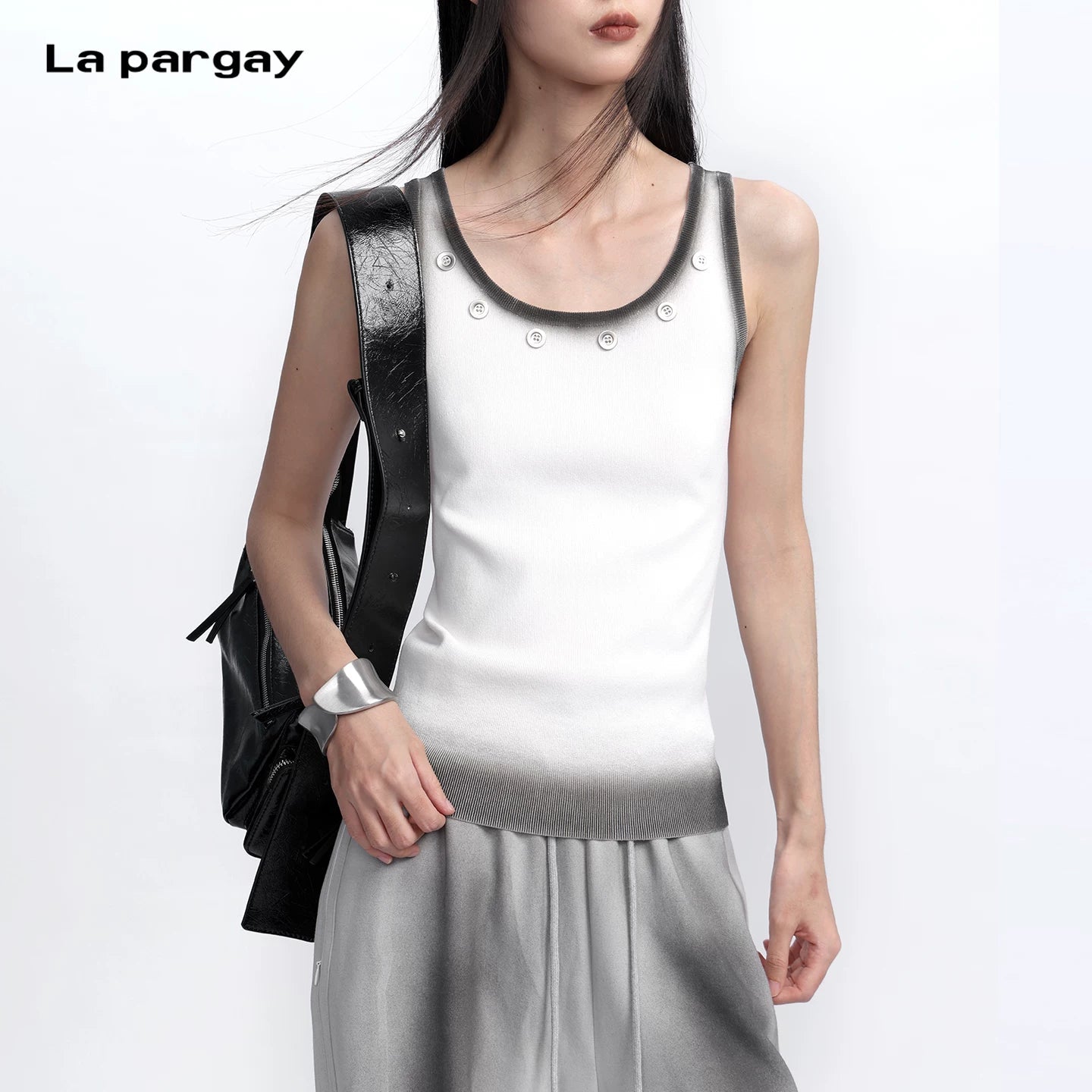 Lapargay Grey Black Ombre Knit Vest, U-Neckline Design, Simple Versatile Top L78108101C - Lapargay