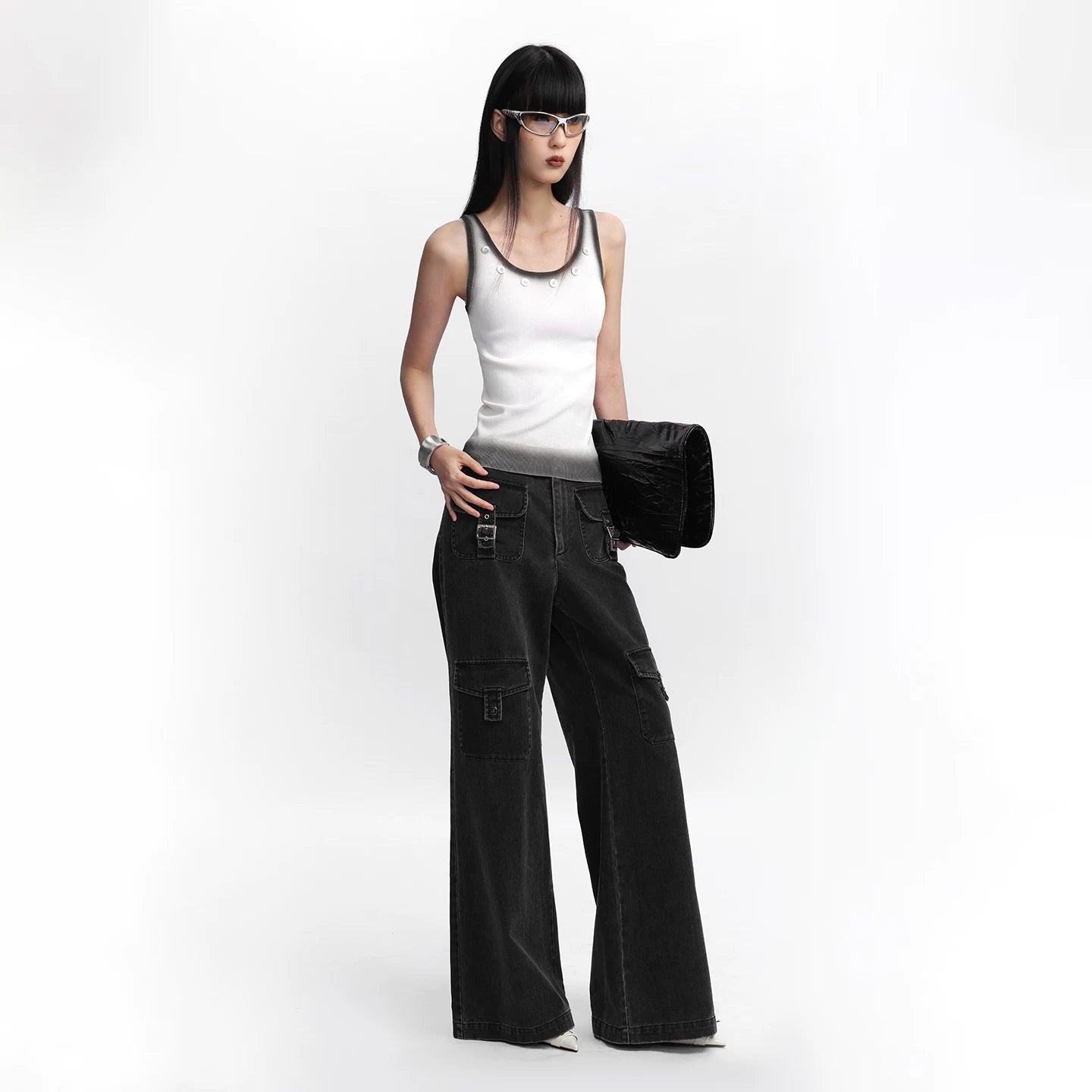 Lapargay Grey Black Ombre Knit Vest, U-Neckline Design, Simple Versatile Top L78108101C - Lapargay