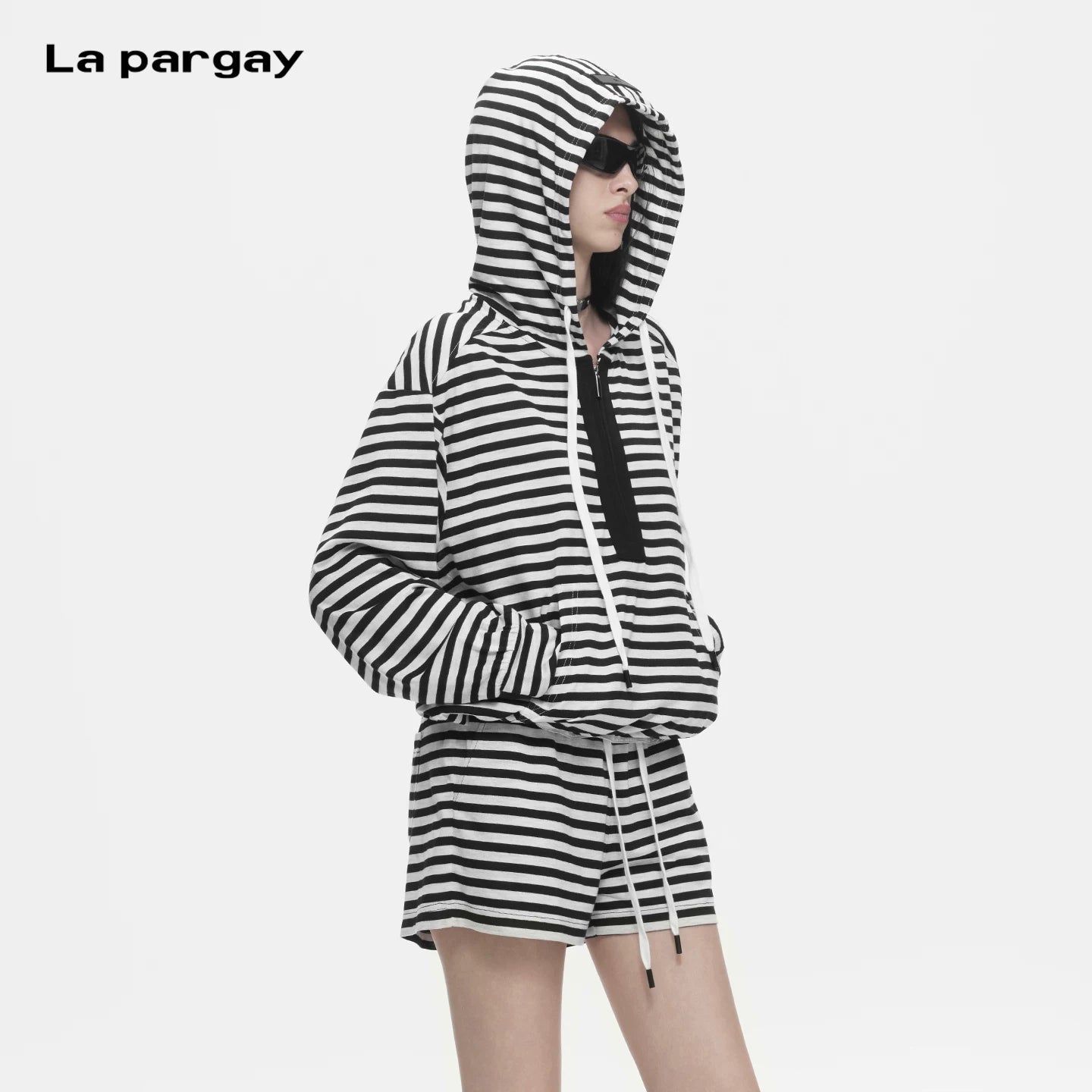 Lapargay Half-Zip Hoodie Loose Drop Shoulder Drawstring Waist Black and White Contrast L78201903C - Lapargay