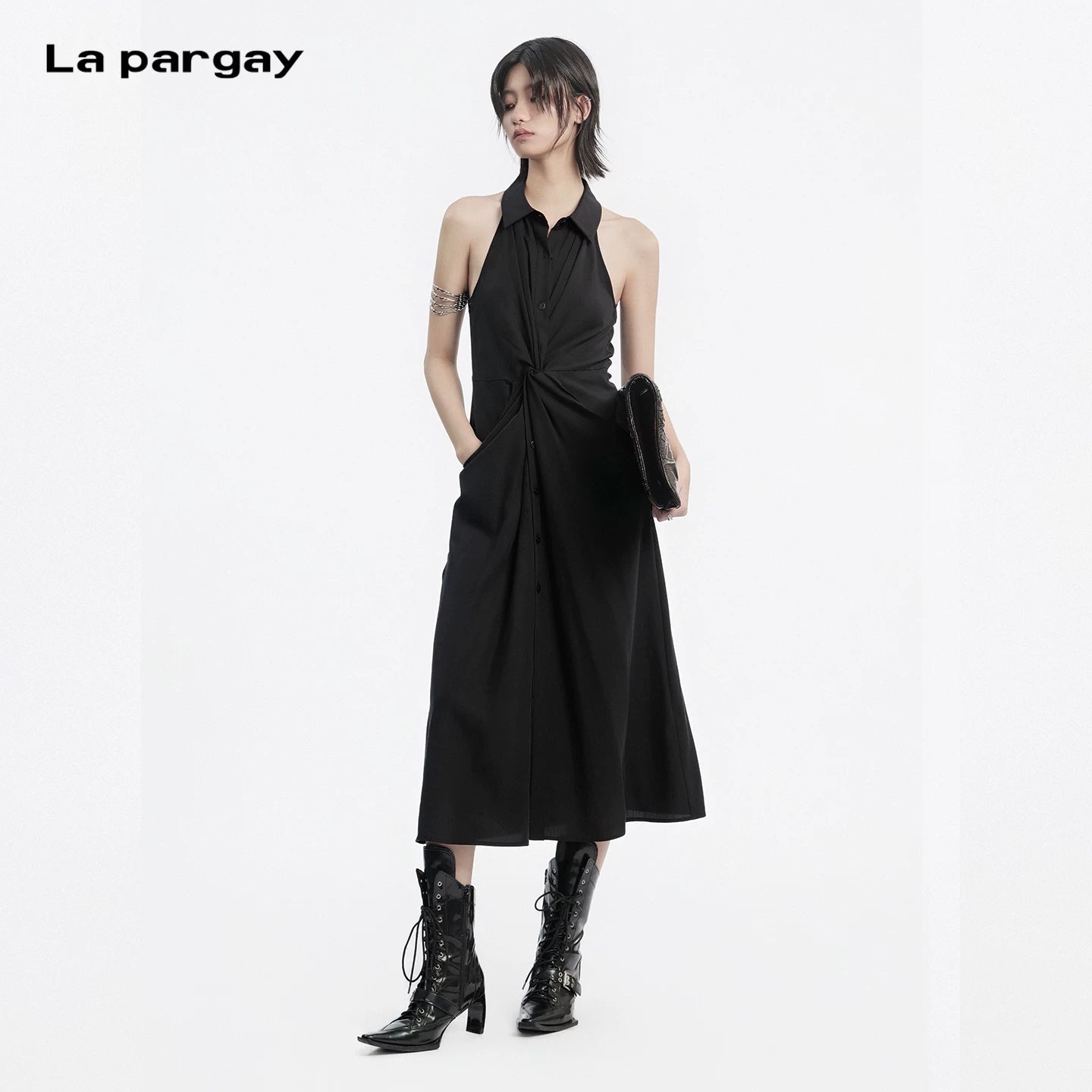 Lapargay Halter Neck Notch Lapel Little Black Dress, Twist Waist, Single-Breasted Long Dress L78209007V - Lapargay