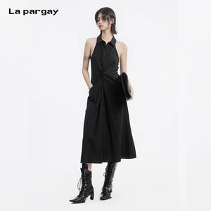 Lapargay Halter Neck Notch Lapel Little Black Dress, Twist Waist, Single-Breasted Long Dress L78209007V - Lapargay