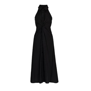 Lapargay Halter Neck Notch Lapel Little Black Dress, Twist Waist, Single-Breasted Long Dress L78209007V - Lapargay