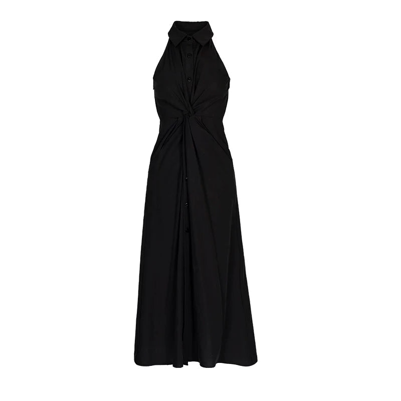 Lapargay Halter Neck Notch Lapel Little Black Dress, Twist Waist, Single-Breasted Long Dress L78209007V - Lapargay