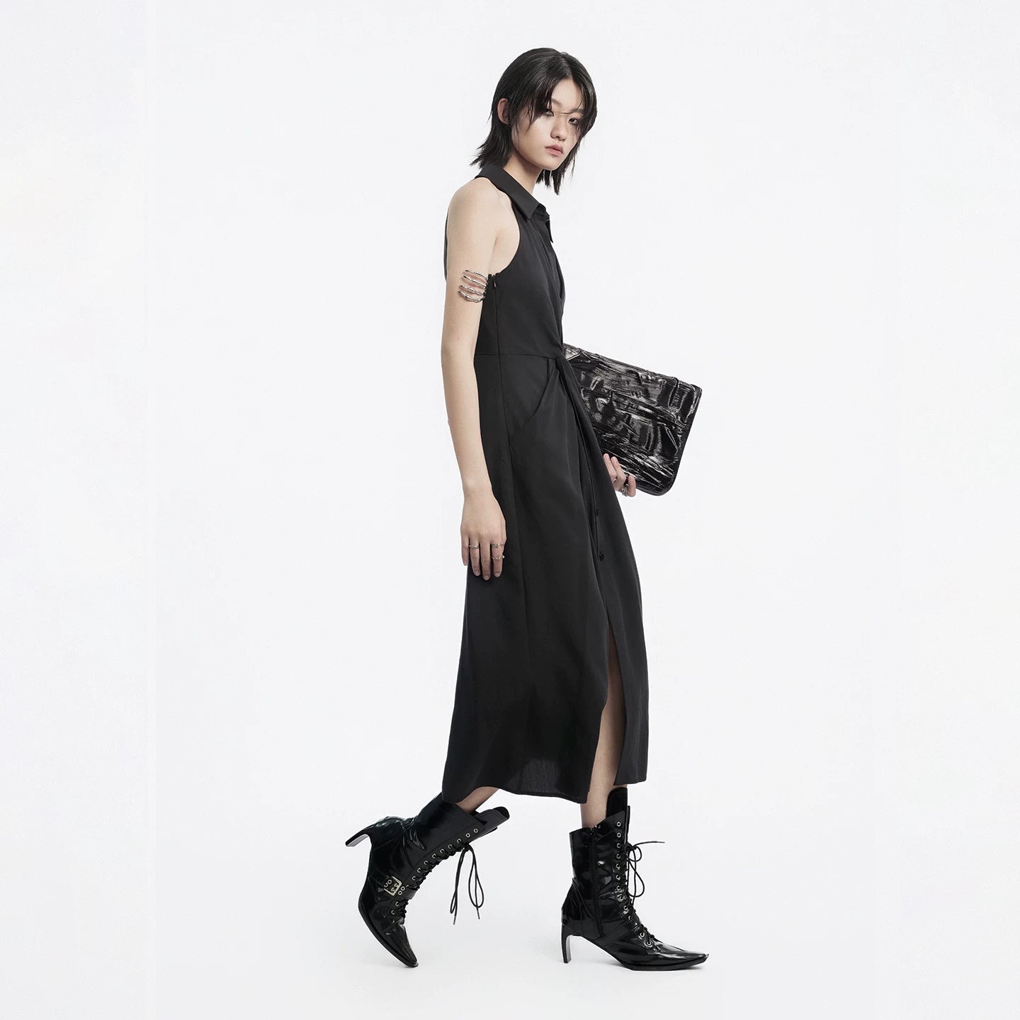 Lapargay Halter Neck Notch Lapel Little Black Dress, Twist Waist, Single-Breasted Long Dress L78209007V - Lapargay