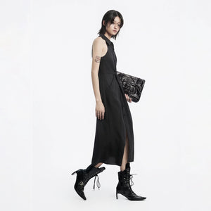 Lapargay Halter Neck Notch Lapel Little Black Dress, Twist Waist, Single-Breasted Long Dress L78209007V - Lapargay