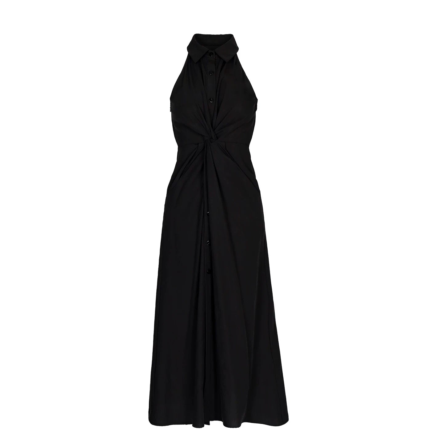 Lapargay Halter Neck Notch Lapel Little Black Dress, Twist Waist, Single-Breasted Long Dress L78209007V - Lapargay