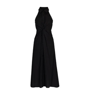 Lapargay Halter Neck Notch Lapel Little Black Dress, Twist Waist, Single-Breasted Long Dress L78209007V - Lapargay