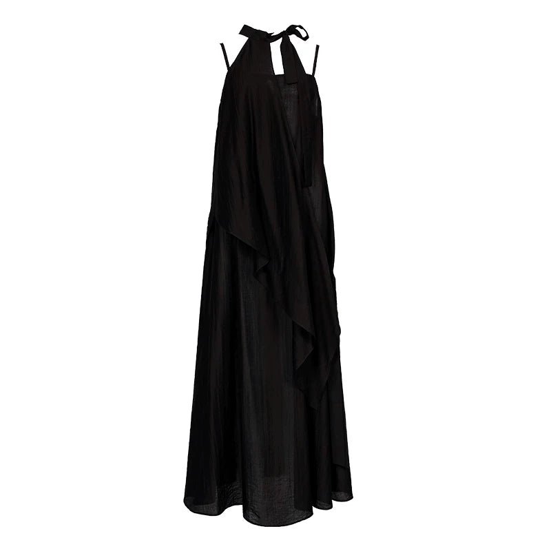 Lapargay Halter Neck Sleeveless Little Black Dress, Asymmetric Tailoring, Long Strap Dress L78209011V - Lapargay
