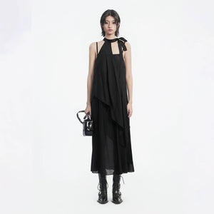 Lapargay Halter Neck Sleeveless Little Black Dress, Asymmetric Tailoring, Long Strap Dress L78209011V - Lapargay