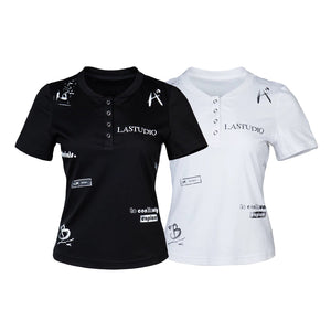 Lapargay Henley Button Placket T-Shirt with Hand-Drawn Graffiti Print, Slimming and Figure-Flattering Top L78200211C - Lapargay