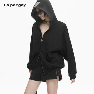 Lapargay high-street embossed letter print, double zipper cardigan, loose hooded short jacket L78101233C - Lapargay
