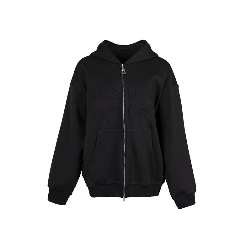 Lapargay high-street embossed letter print, double zipper cardigan, loose hooded short jacket L78101233C - Lapargay