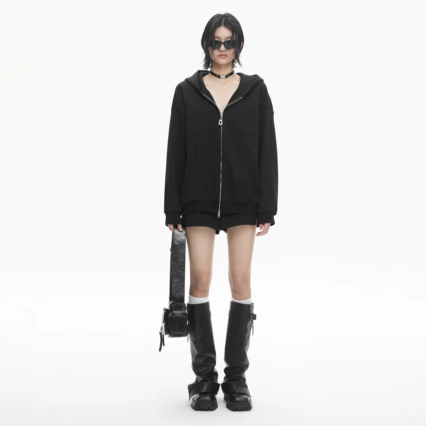 Lapargay high-street embossed letter print, double zipper cardigan, loose hooded short jacket L78101233C - Lapargay