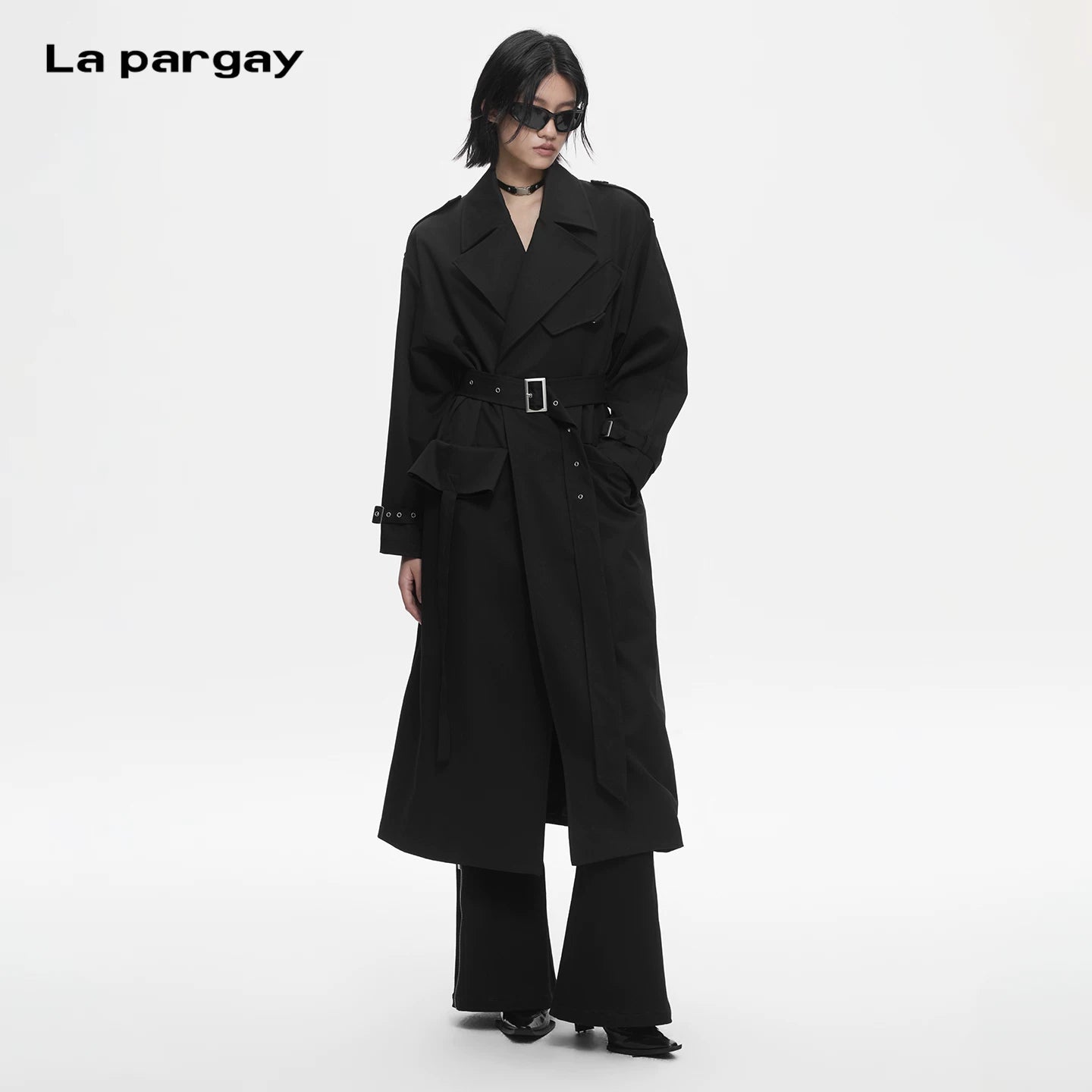 Lapargay high-street long trench coat, double-layer notched lapel, adjustable button cuff details L78101502V - Lapargay