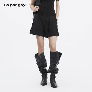 Lapargay High-Waist Casual Shorts, Neat Suit Tailoring, Turn-Up Hem Design L78202302C - Lapargay