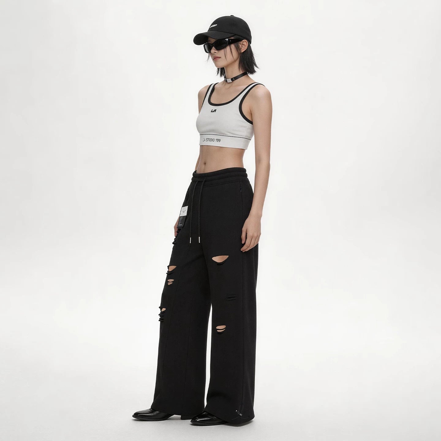 Lapargay high-waist drawstring wide-leg casual pants distressed holes built-in lazy and relaxed feel L75202801B - Lapargay