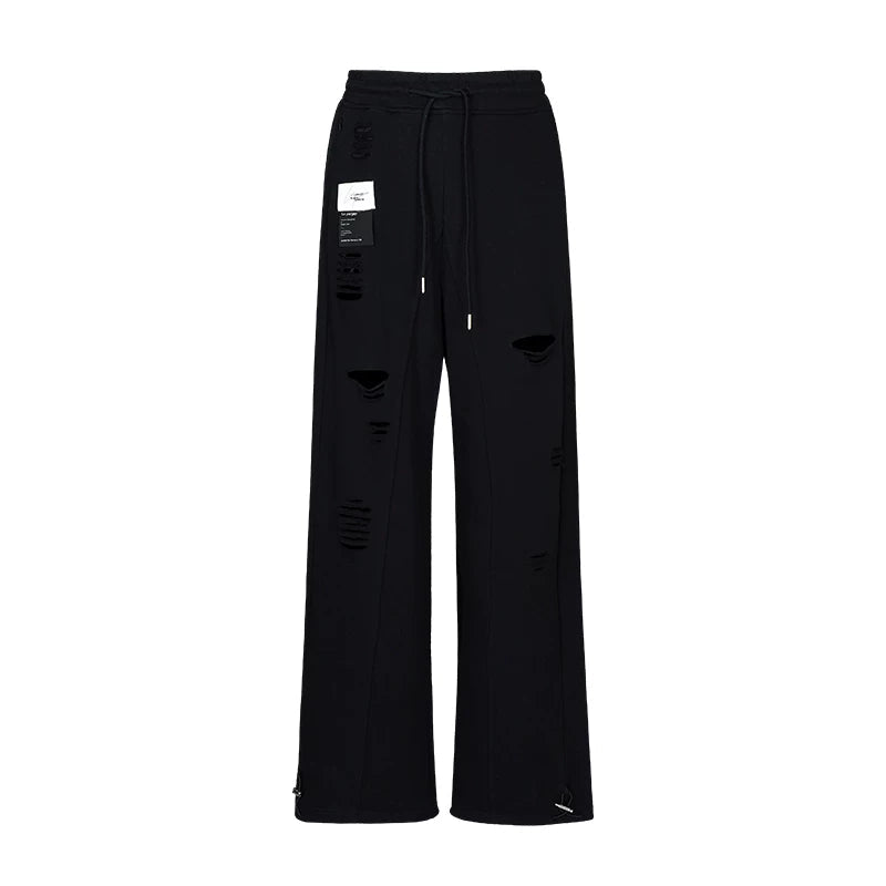 Lapargay high-waist drawstring wide-leg casual pants distressed holes built-in lazy and relaxed feel L75202801B - Lapargay