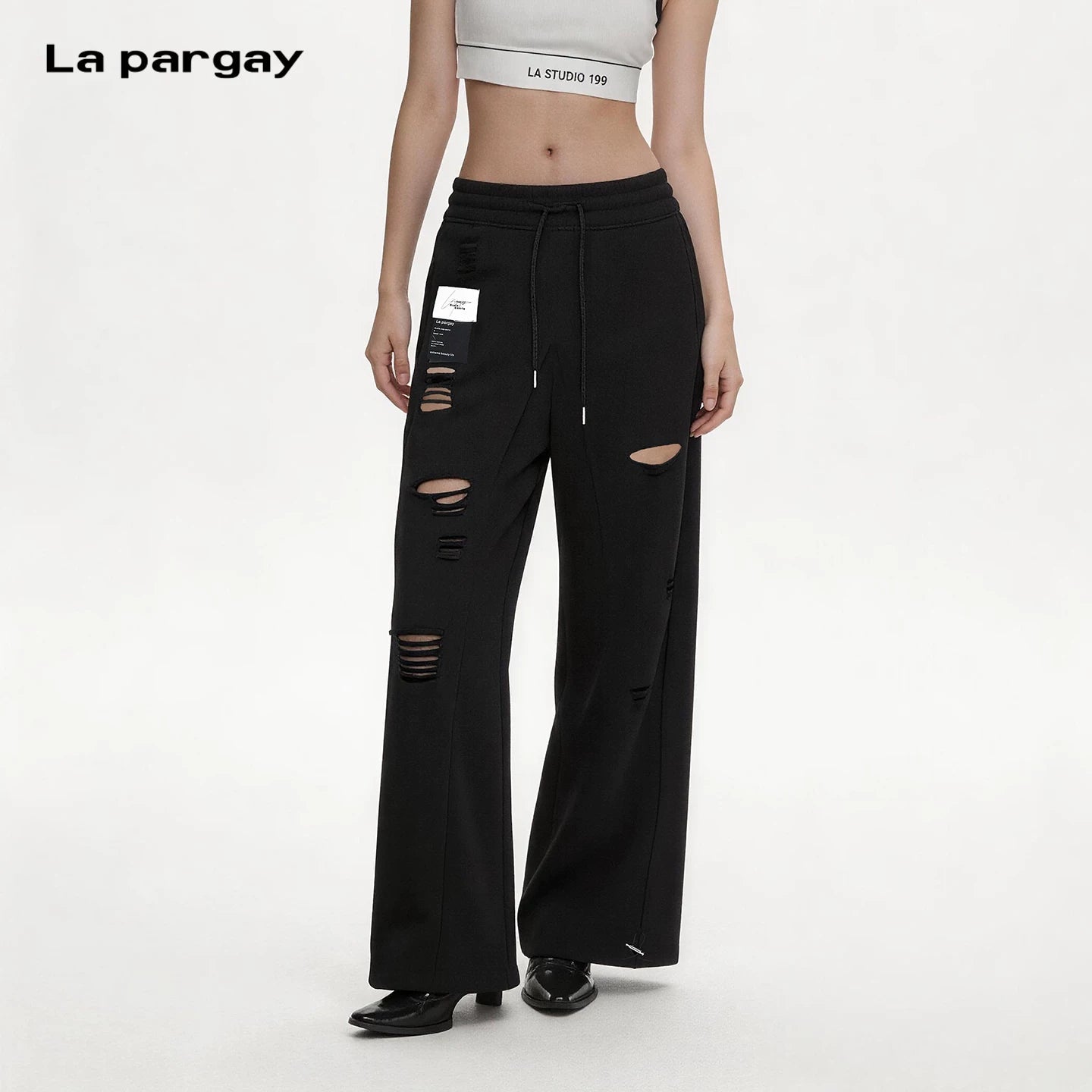 Lapargay high-waist drawstring wide-leg casual pants distressed holes built-in lazy and relaxed feel L75202801B - Lapargay