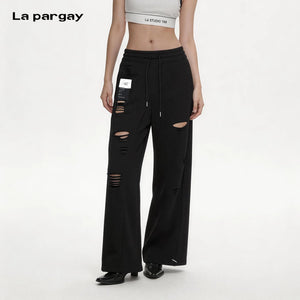 Lapargay high-waist drawstring wide-leg casual pants distressed holes built-in lazy and relaxed feel L75202801B - Lapargay