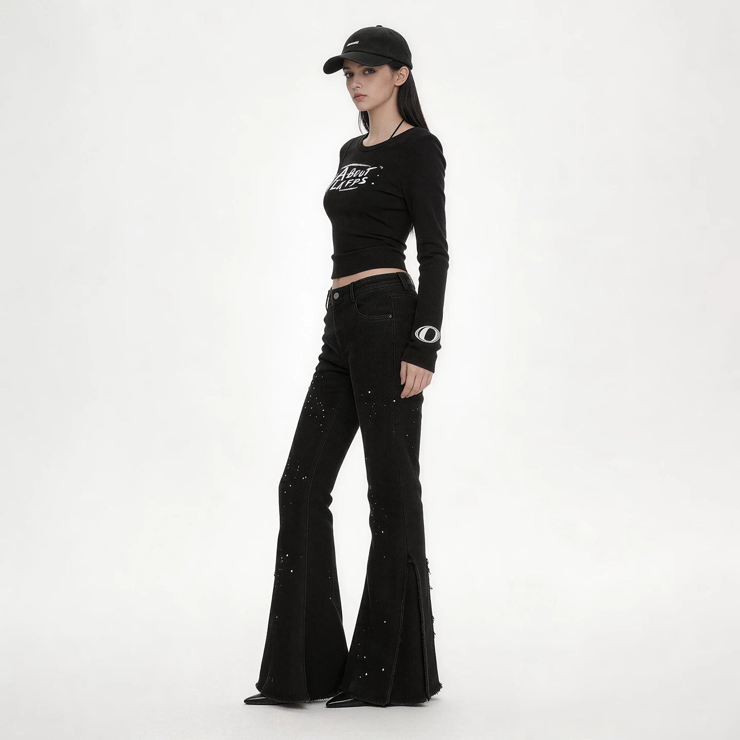 Lapargay High Waist Flared Style Star Rhinestone Embellishment Irregular Raw Hem Pants L78102630V - Lapargay